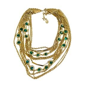 VTG Regal Open Bezel green Austrian Crystal Necklace gold Runway Multi Chain 19"